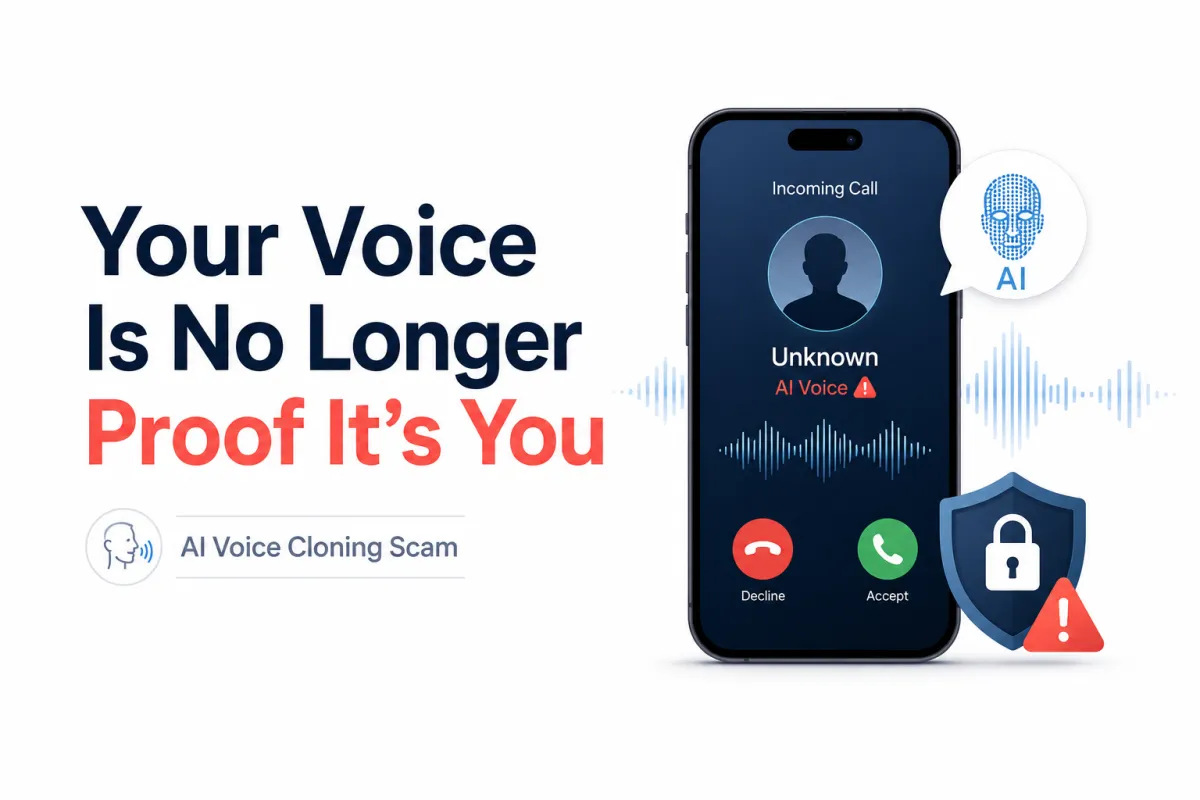 AI voice cloning scam warning showing a suspicious incoming call, voice waveform, AI icon, and cybersecurity shield.