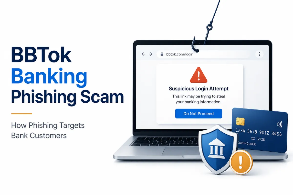 BBTok banking phishing scam warning on a laptop with a fake login alert, credit card, security shield, and phishing hook.
