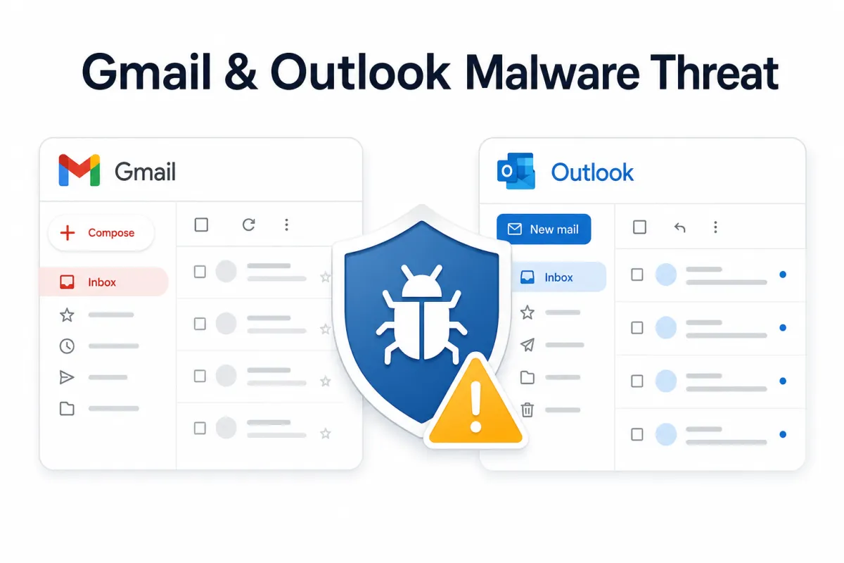 Gmail and Outlook malware threat cybersecurity warning showing protected email inboxes and malware alert