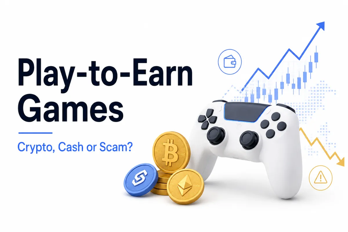 Play-to-earn games with cryptocurrency coins, gaming controller, crypto rewards, and scam risk concept