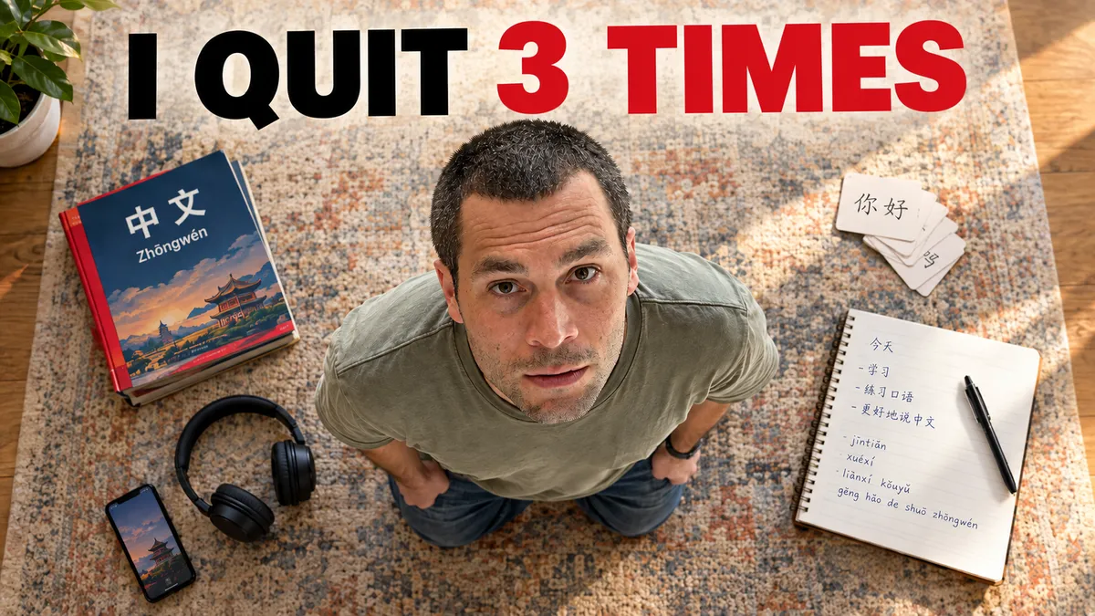 YouTube thumbnail: 'I quit 3 times' with Blake surrounded by Chinese study materials, a textbook, notebook, and headphones