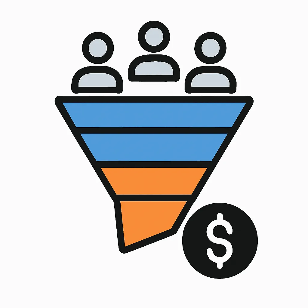 Markeitng Funnel Icon showing leads going in the top and $ out the bottom