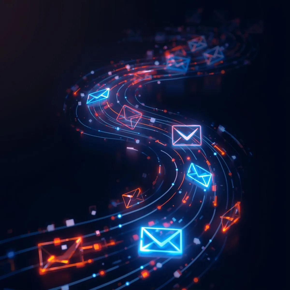 Stream of glowing digital envelopes representing automated email and CRM workflows by LevelUpX Solutions for service businesses in Mankato, MN.