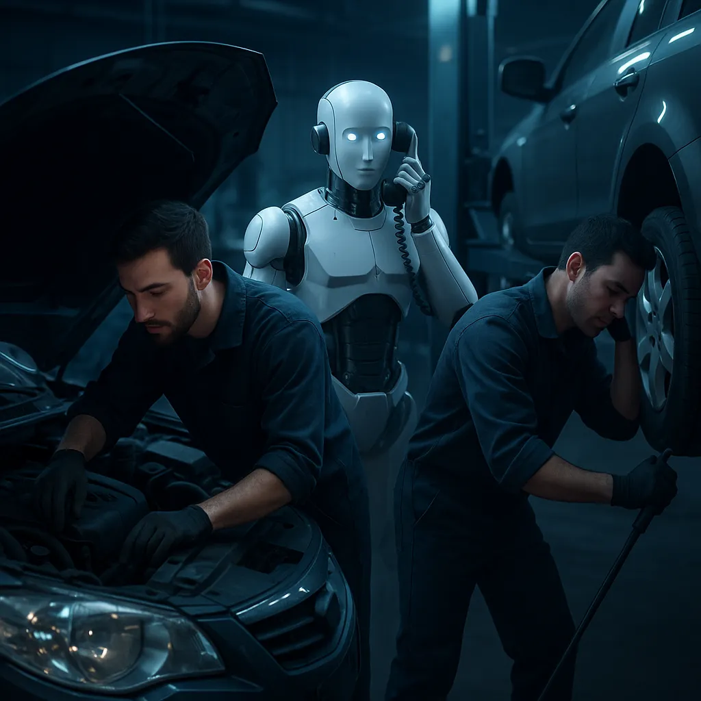Mechanics working on cars at QuickFix Auto Repair while an AI robot handles phone calls in the background — showcasing automated scheduling and customer service by LevelUpX Solutions in Mankato, MN.