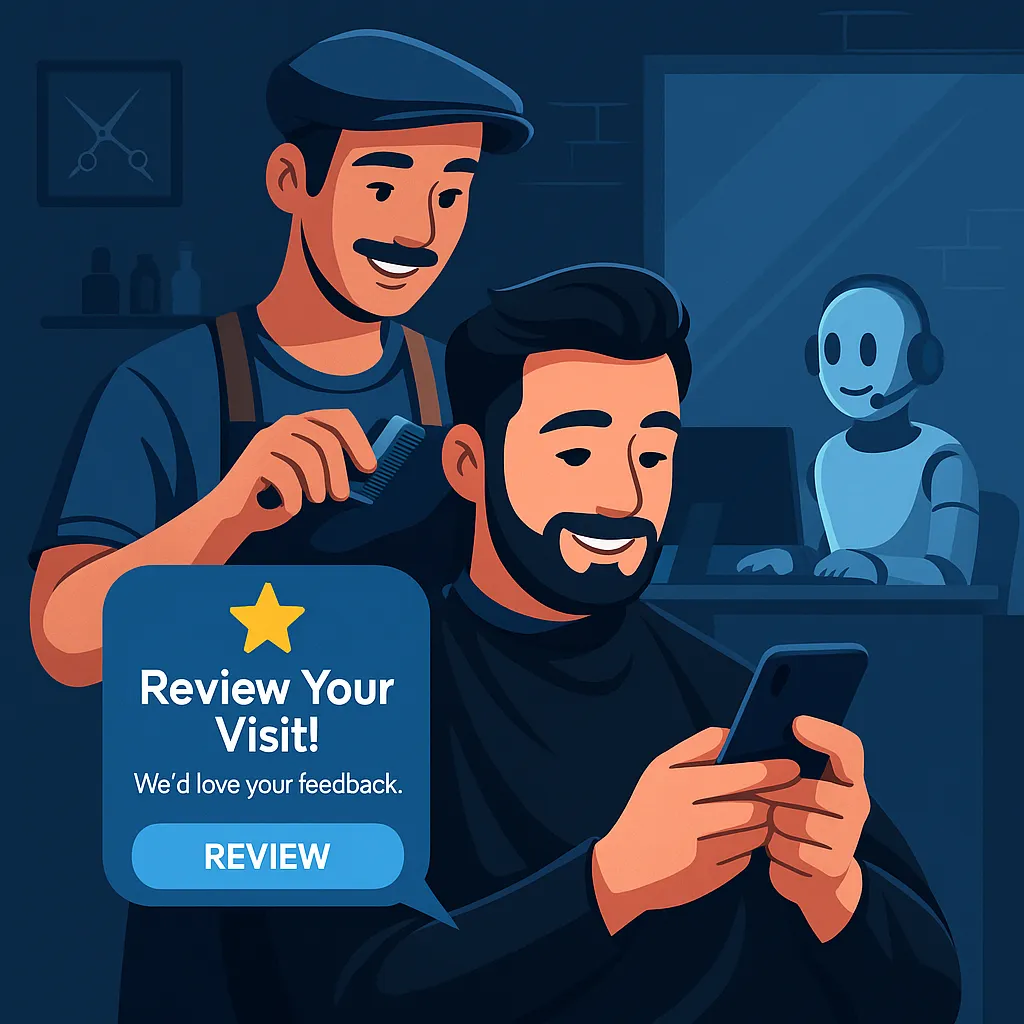 Customer at SharpStyle Barbershop receiving a text message asking for an online review — example of automated SMS follow-up and reputation management by LevelUpX Solutions in Mankato, MN.
