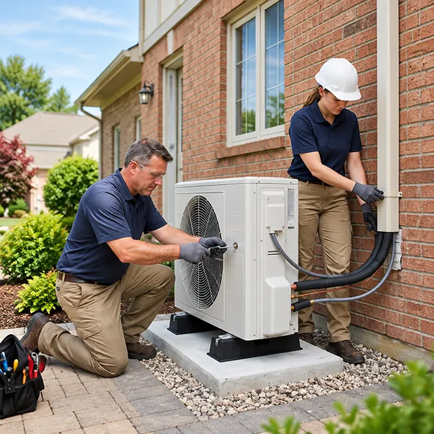 Two HVAC technicians installing an outdoor heat pump unit beside a residential brick house.