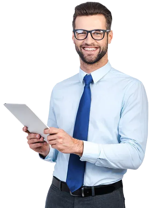 A smiling professional consultant holding a tablet in front of a blurred retail background, representing residential and commercial contracting services