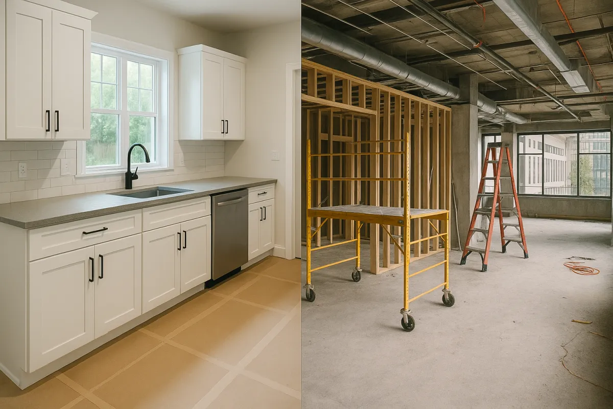 A side-by-side comparison showing a residential kitchen with modern white cabinetry and a commercial construction site with exposed framing and scaffolding, illustrating One Cornerstone Consulting's dual expertise in residential and commercial contracting.