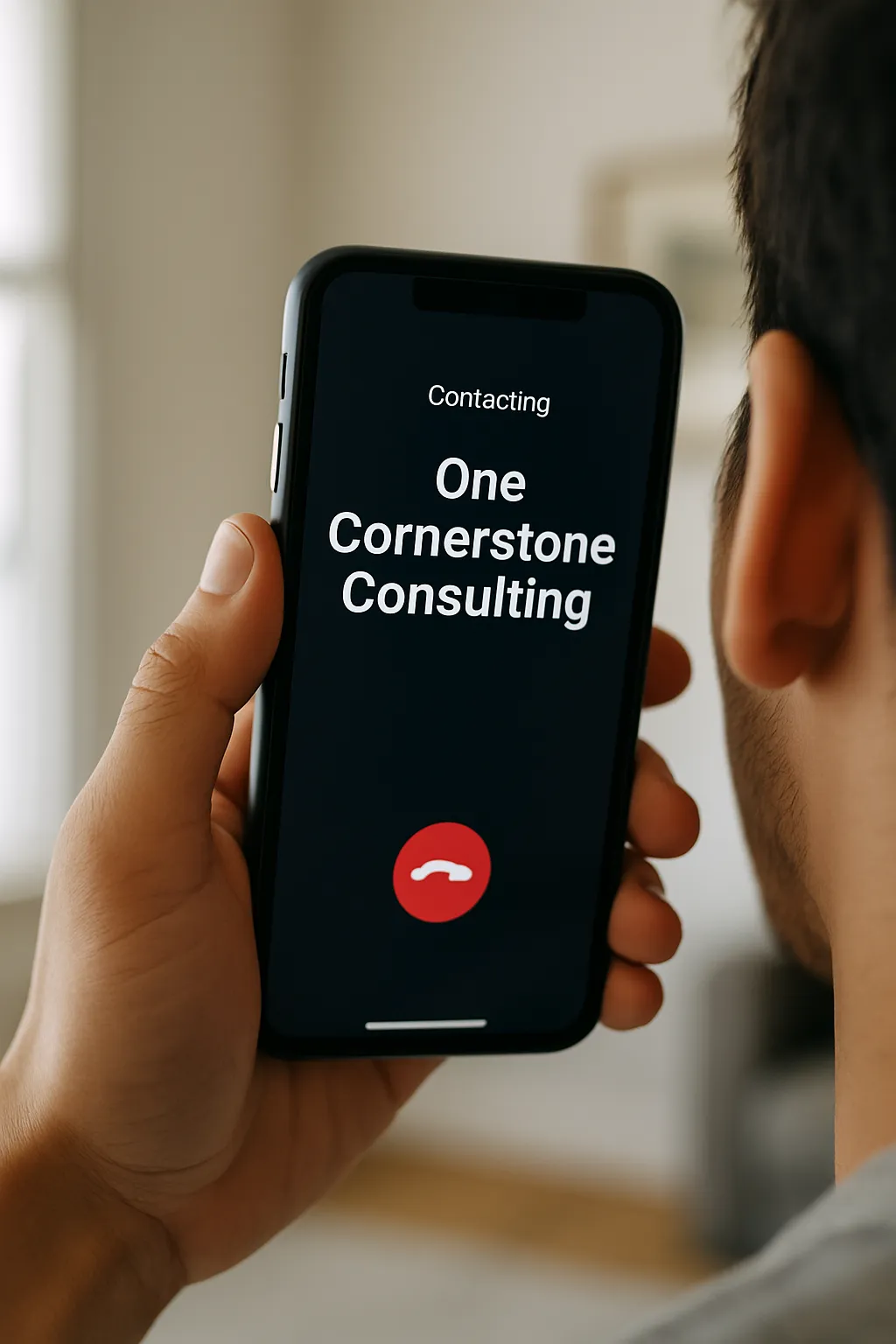 A person holding a smartphone displaying an incoming call from One Cornerstone Consulting, representing easy access to remodeling and roofing estimates.