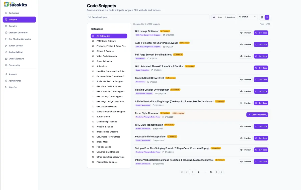 GoHighLevel snippet library preview