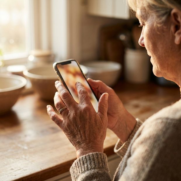 Close-up of a person holding and looking at a smartphone, outdoors.