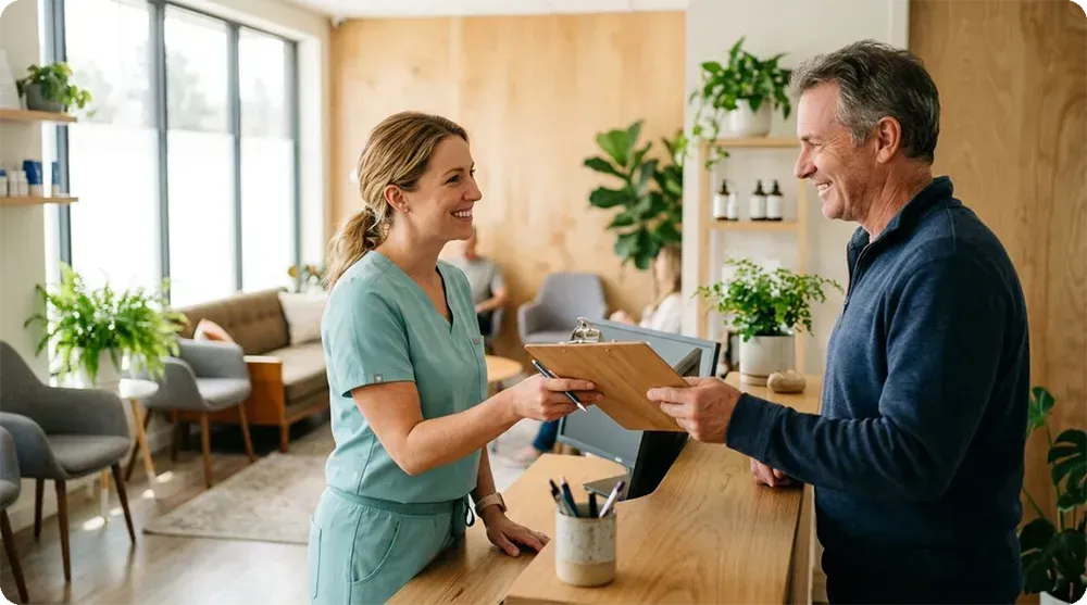 A smiling female receptionist handing something over a counter to a male customer in a well-lit office.