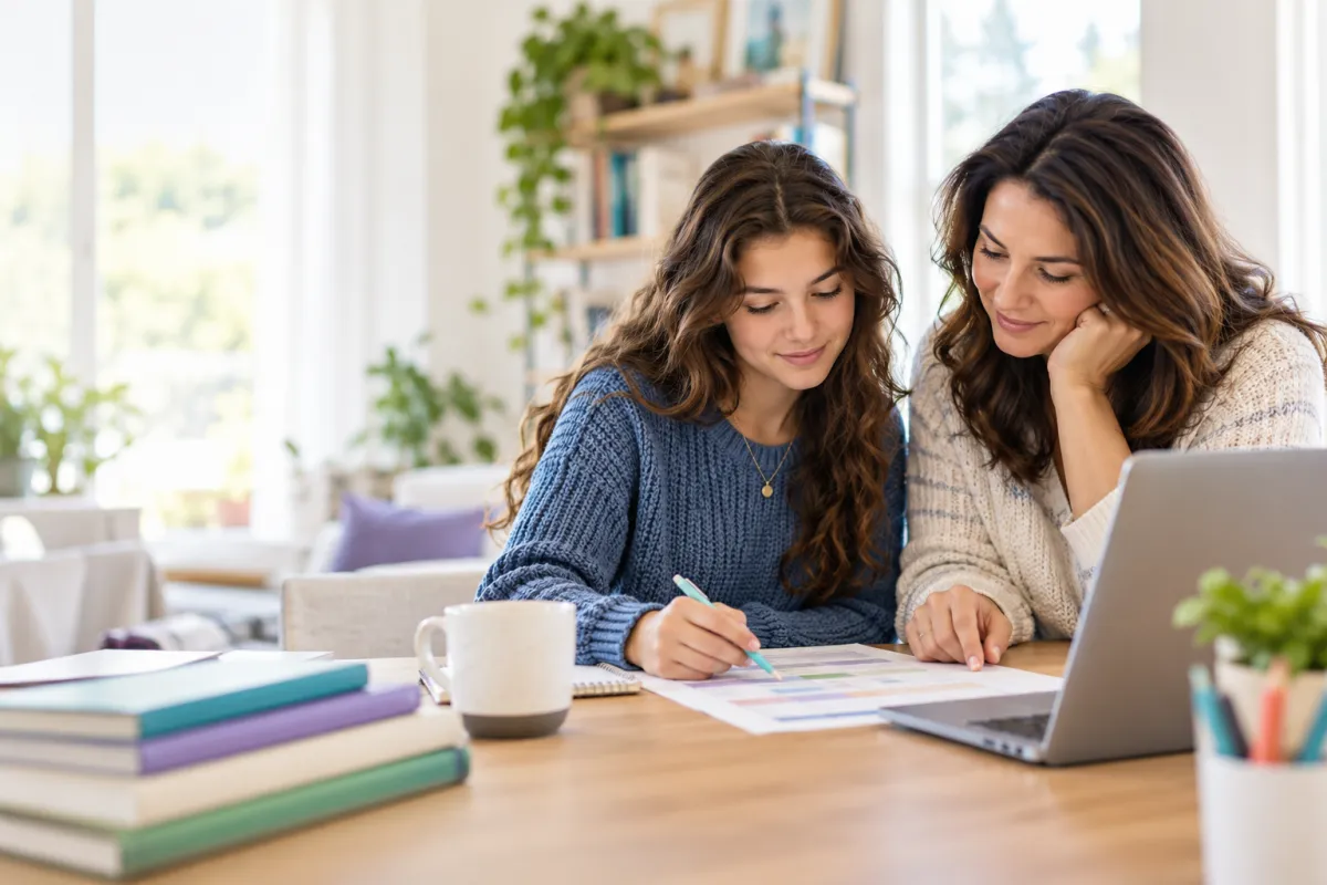 Parent and high school student reviewing a homeschool transcript and graduation plan together