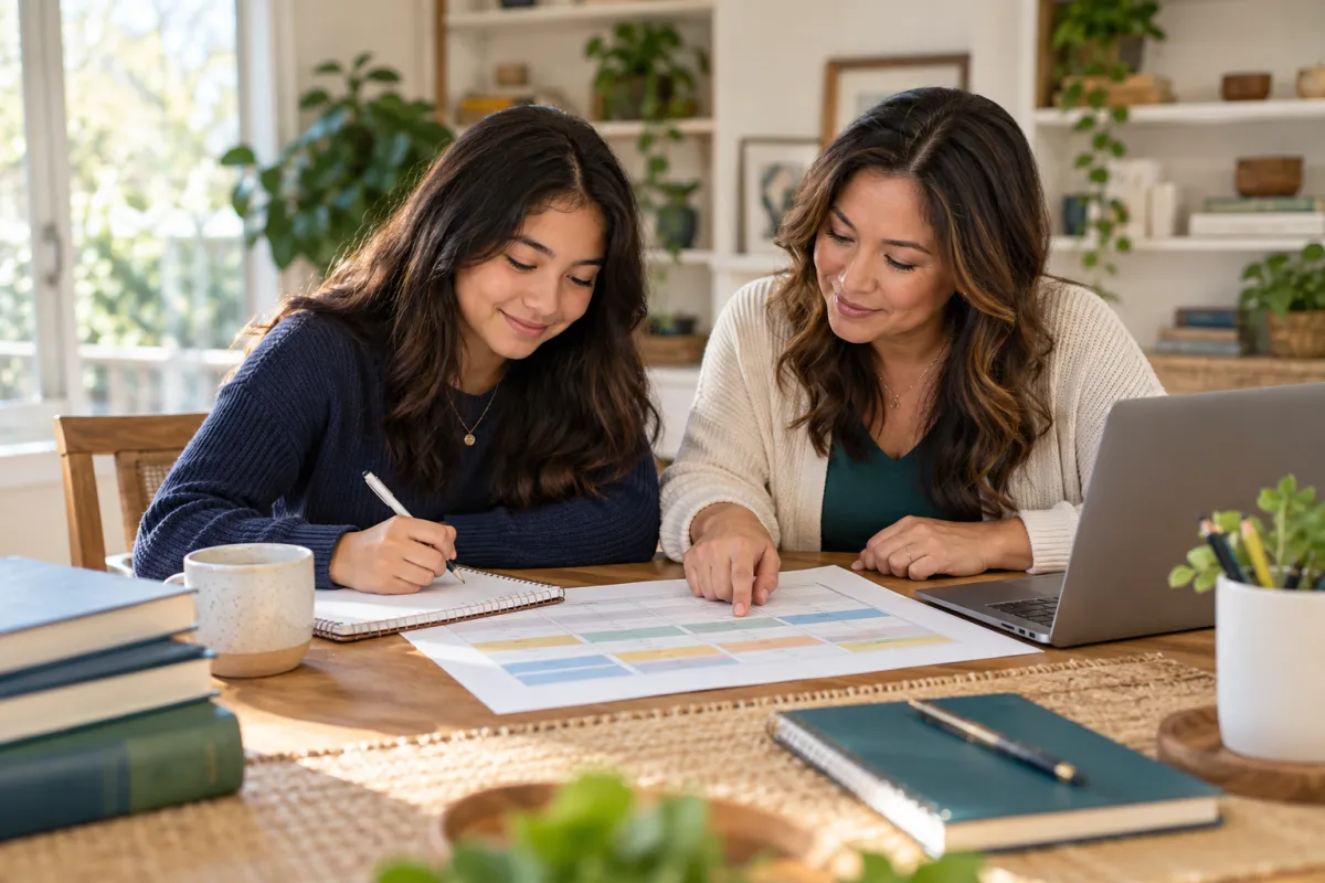 Parent and homeschool high school student organizing graduation credits and course requirements at a table