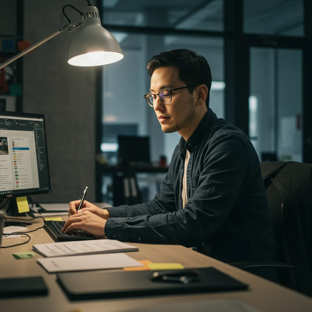 Two colleagues brainstorming with sticky notes on wall.