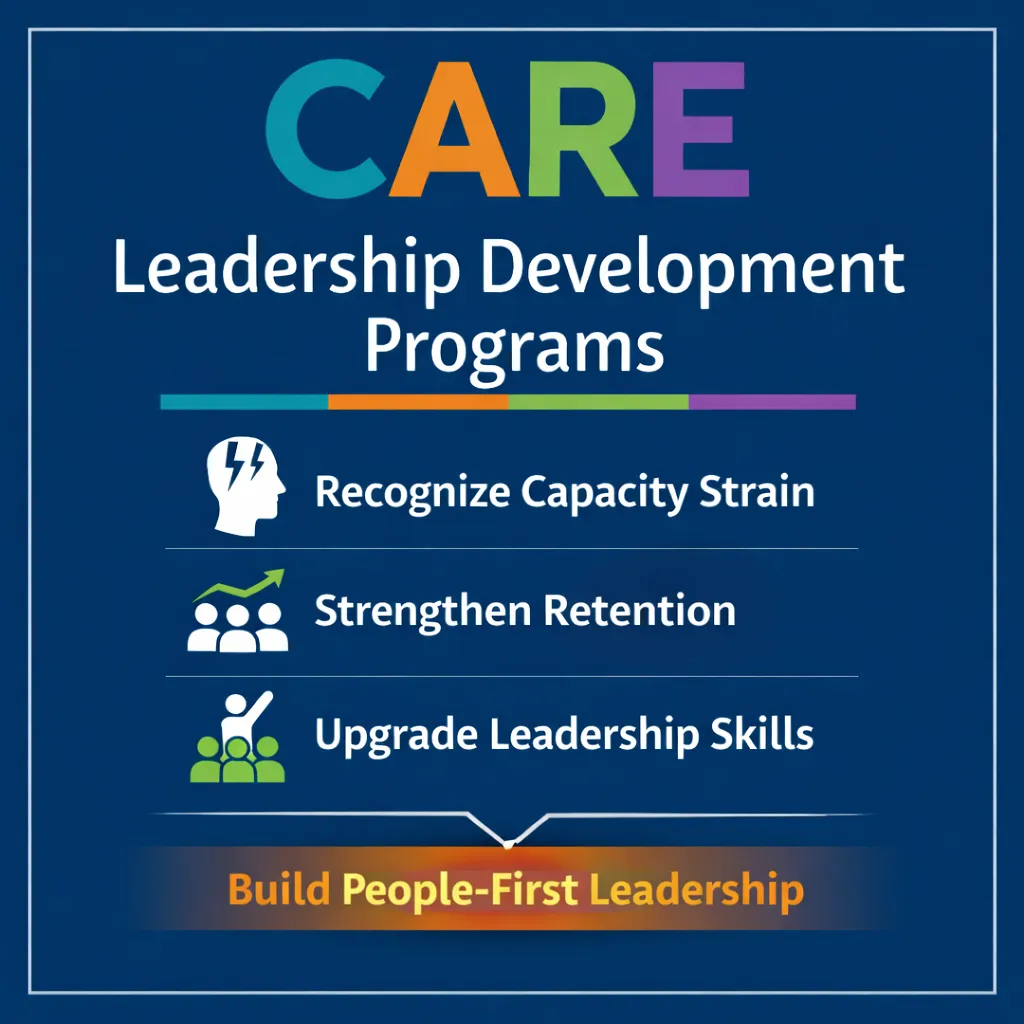 Leadership Development Programs graphic showing manager training to recognize capacity strain, strengthen employee retention, and build people-first leadership.