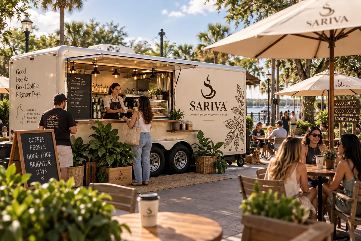 Editorial sunset photography of the custom matte espresso and brass Sariva mobile coffee trailer parked along the Brevard County coastline