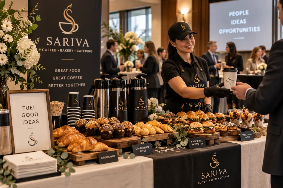SARIVA premium artisanal catering setup with Colombian coffee and pastries