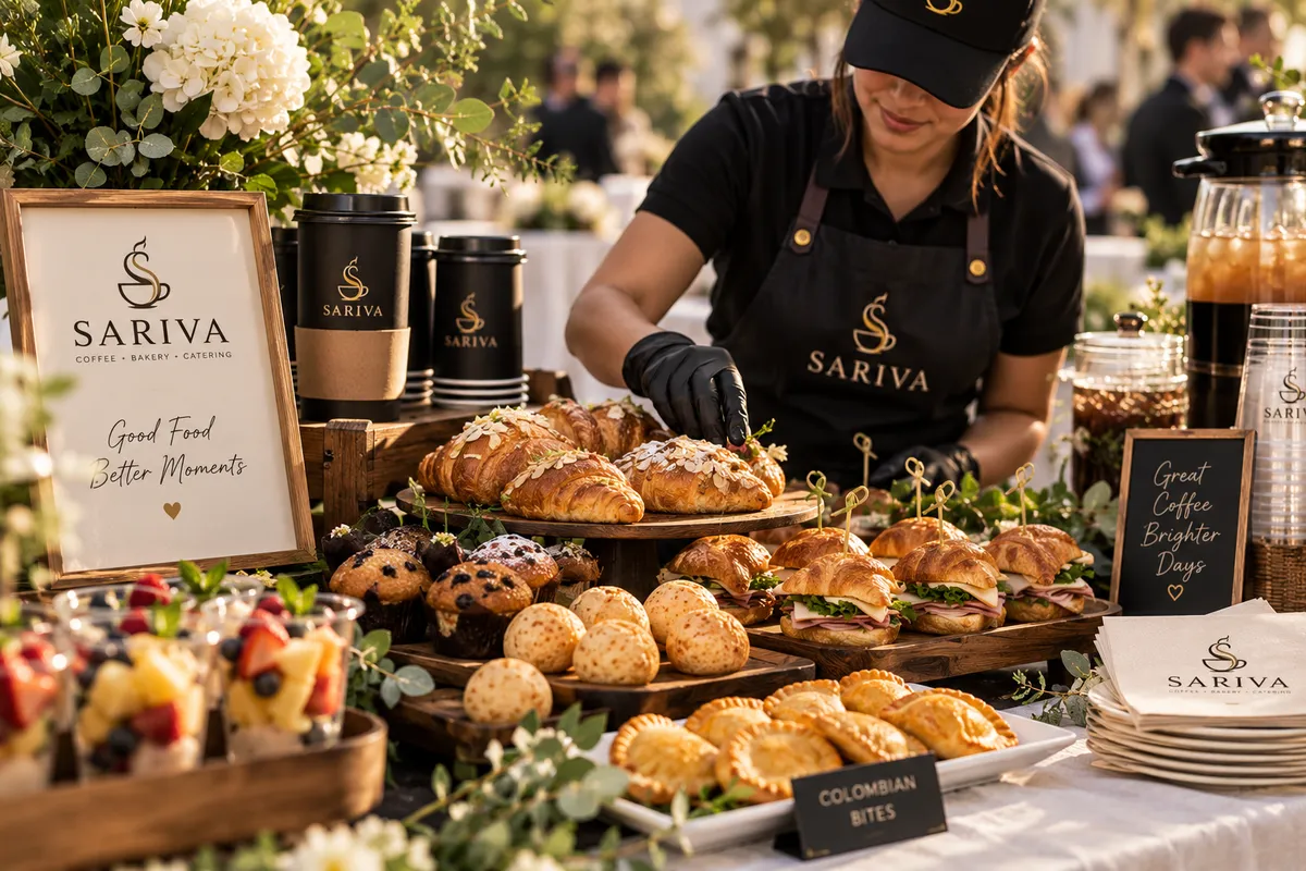 Guests enjoying artisanal coffee and gourmet savory bites at an elegant private catered event