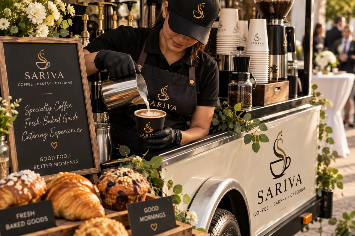 Editorial presentation of SARIVA catered coffee and artisanal bites setup for a private gathering
