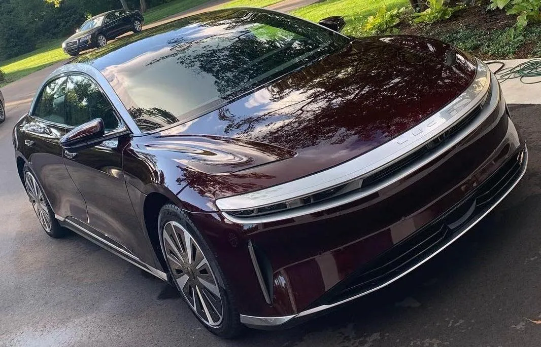 Lucid Air parked in driveway after being detailed.