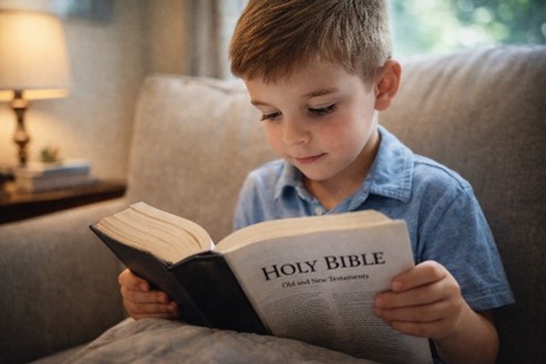 Young boy reading a Holy Bible while sitting in a cozy chair