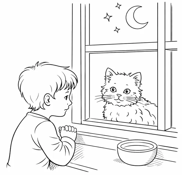 Printable coloring page of a child praying at a window while a fluffy cat looks in from outside