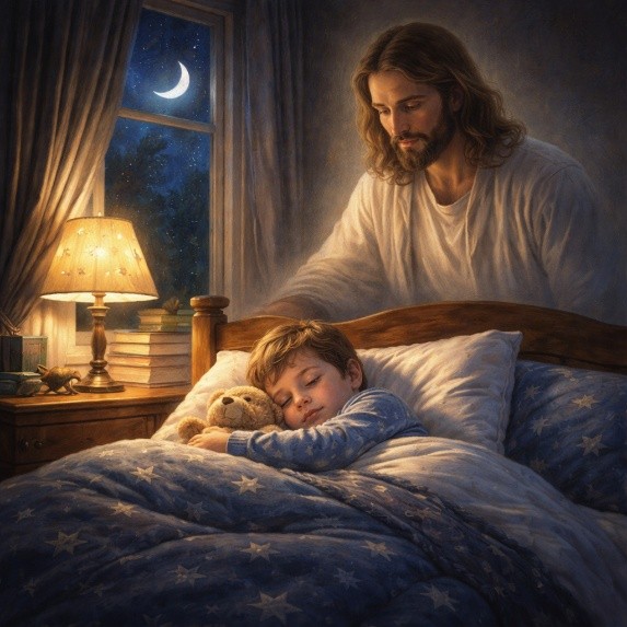 Sleeping child holding a teddy bear while Jesus watches over him beside a moonlit window