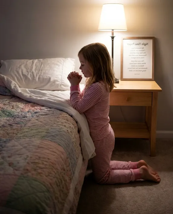 Young girl kneeling beside her bed in striped pajamas, praying at night next to a lamp and framed poem