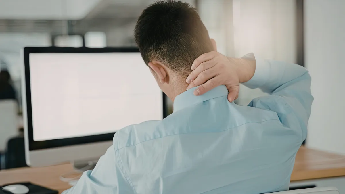 Desk job posture showing effects of sitting too much on spine and need for chiropractic care in O’Fallon MO