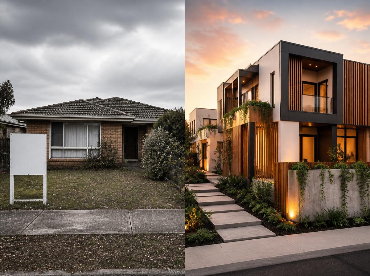 Side-by-side comparison of a dated suburban rental property in muted tones and a modern purpose-built co-living home bathed in gSide-by-side comparison of a dated suburban rental property in muted tones and a modern purpose-built co-living home bathed in golden light, illustrating the shift in Australian property investment after the 2026 Federal Budget reforms.olden light, illustrating the shift in Australian property investment after the 2026 Federal Budget reforms.