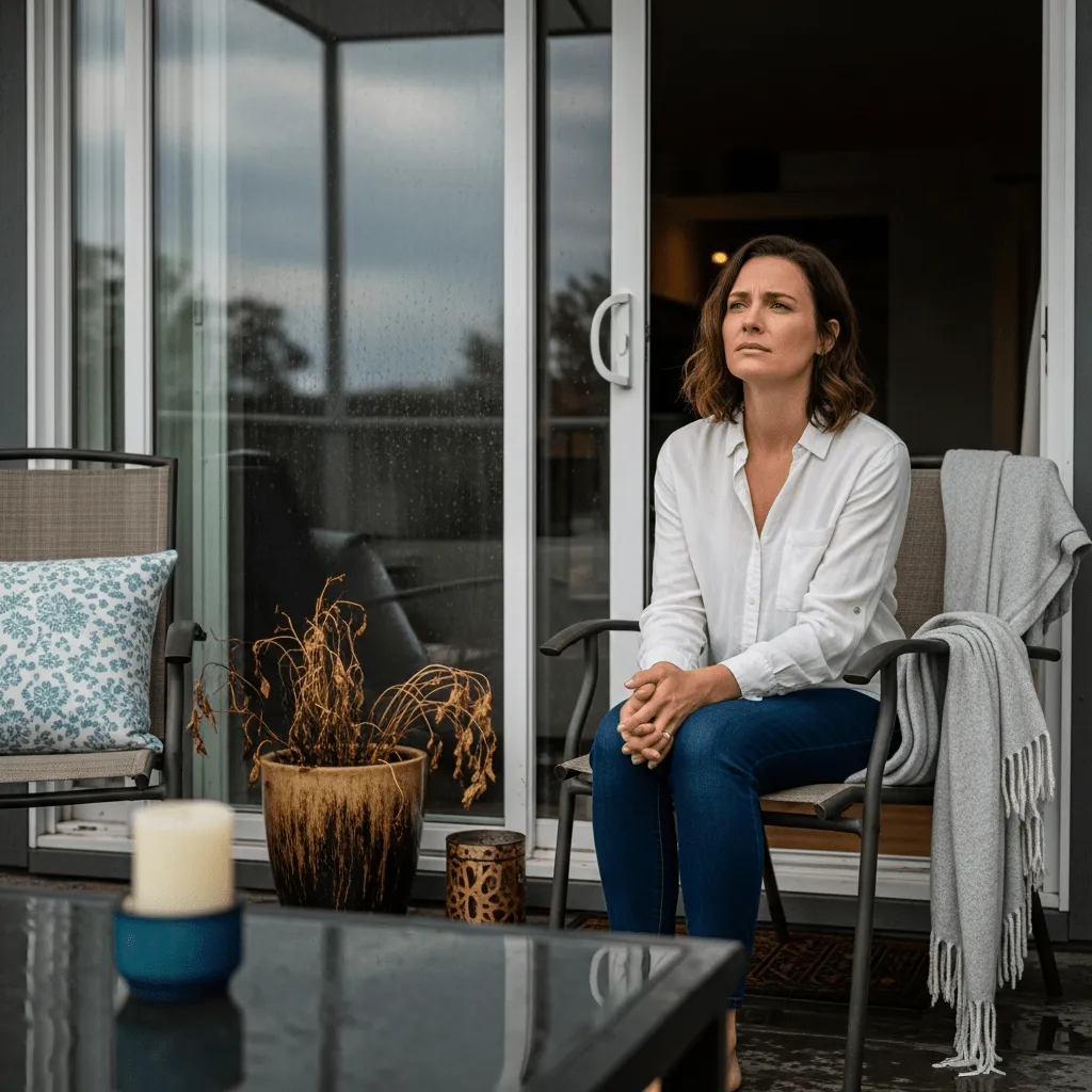 Woman sitting on a covered patio, looking out at rainy weather through glass sliding doors, with dead plants and empty outdoor furniture suggesting frustration about not enjoying her outdoor living space.