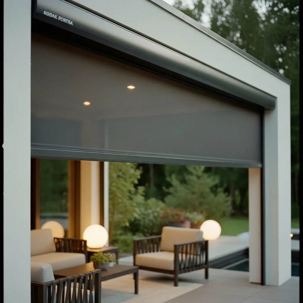 Modern patio with motorized retractable screen enclosing an outdoor seating area, featuring contemporary lounge furniture and soft globe lighting for all-weather outdoor living.