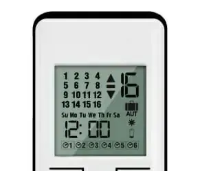 A handheld remote displaying a digital  clock with the time at 12:00 with date and day information, plus indoor temperature, in a simple black and white design with multi-channel remotes. 