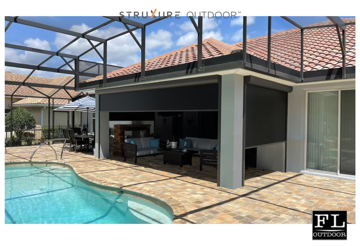 A luxurious backyard featuring a swimming pool with blue water, surrounded by a paved patio: An open patio cover overlooks the pool, connected to a modern house with large sliding doors and an outdoor seating area protected by retractable motorized screens.