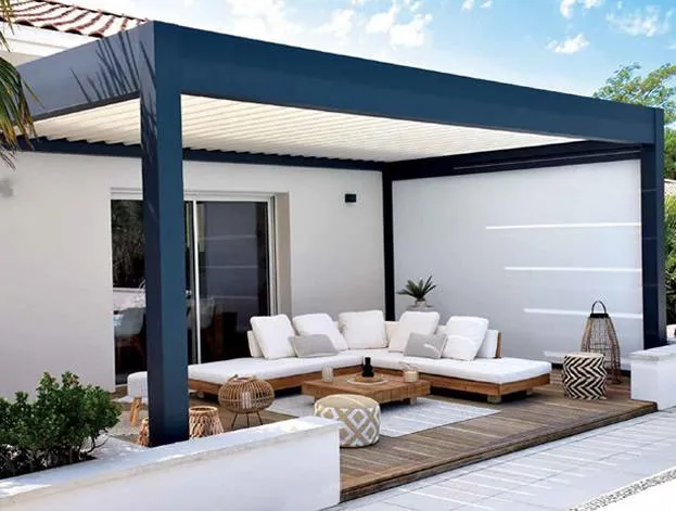 a simple but elegant white roof louver and gray framework with a motorized louver pergola, gray and white. 