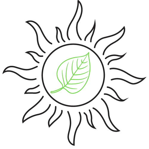 A icon consisting of a sun with green energy efficient leaf