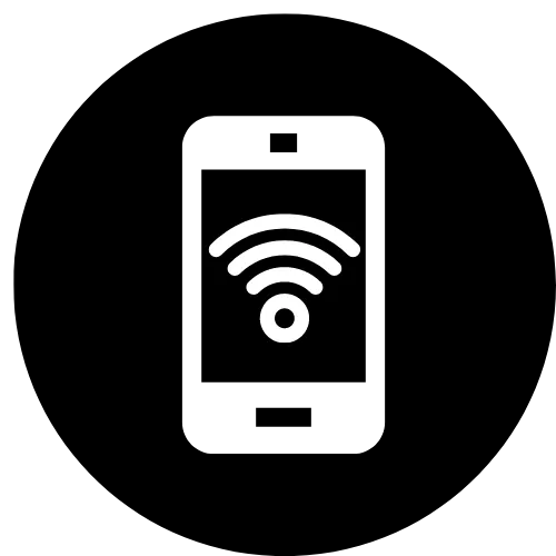 A smart phone Technology with a WIFI signal in the middle of a black circle. 