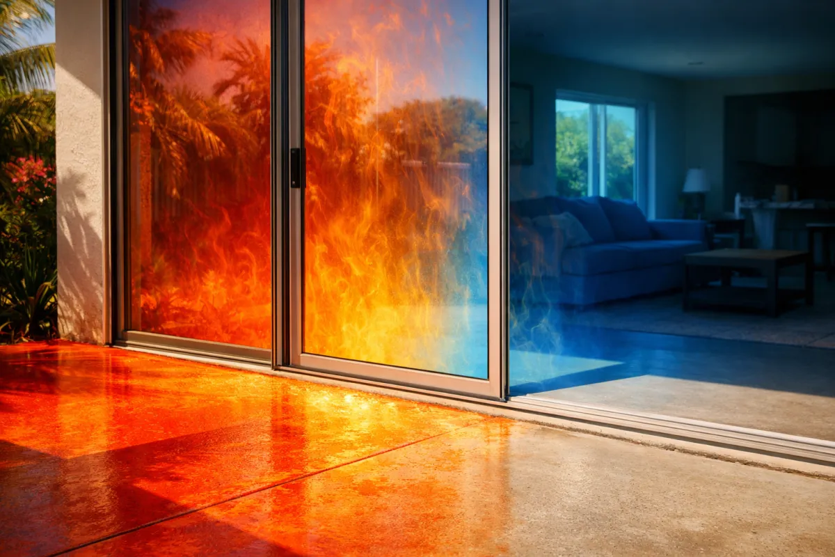 Unshaded concrete patio in harsh South Florida afternoon sun radiating visible heat waves against a sliding glass door, with exterior glowing in red and orange thermal tones while the interior remains cool blue inside the home.