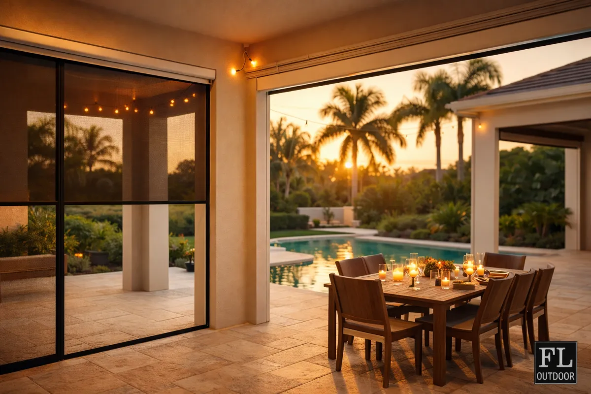 South Florida patio at golden hour with motorized retractable screen deployed on one opening and fully open on the other showing the flexibility of motorized screens versus a traditional screen enclosure