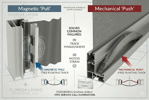 Technical comparison of motorized screen engineering: The left side shows a Magnetic 'Pull' system using neodymium magnets to maintain a free-floating track, while the right side displays a Mechanical 'Push' system utilizing a leaf spring for track alignment. Both systems are designed to eliminate track misalignment and motor strain, achieving a 99% elimination rate of service calls for luxury outdoor living installations. 