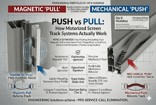 A technical blog header image titled "PUSH vs PULL: How Motorized Screen Track Systems Actually Work." The graphic features a side-by-side engineering comparison of two free-floating articulating track solutions. On the left, the Magnetic 'Pull' system is shown using neodymium magnets to maintain track alignment. On the right, the Mechanical 'Push' system demonstrates the use of a precision leaf spring mechanism. A comparison table highlights differences in operational signature, track profile, and material efficiency. The footer emphasizes that both engineering solutions achieve over 99% service-call elimination and carry Florida Product Approval for Category 5 hurricane conditions. 