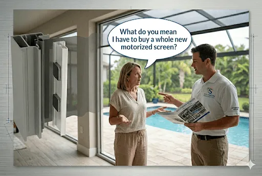 A 600 px by 400 px blog photo depicting a conversation about motorized screen longevity. In a luxury Florida home overlooking a pool, a concerned homeowner gestures toward a salesperson while a speech bubble above her reads, "What do you mean I have to buy a whole new motorized screen?" The salesperson, wearing a professional polo, holds a brochure for "Southern Screen Solutions." To the left, a technical 3D cutaway of a motorized screen side track is overlaid, illustrating the complex internal components that often become obsolete. The image captures the frustration of encountering non-backward-compatible engineering at the ten-year service mark.  