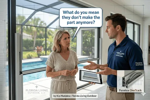 A 600 px by 400 px blog photo illustrating the challenge of motorized screen obsolescence. In a luxury home overlooking a pool, a concerned homeowner asks, "What do you mean they don't make the part anymore?" while speaking to a salesperson. The salesperson holds a tablet displaying a technical diagram of a screen track. A detailed cutaway in the lower-right corner showcases the Fenetex OneTrack leaf spring engineering, emphasizing the article's focus on backward compatibility and long-term parts availability. 