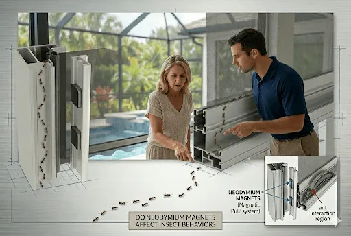 blog photo posing a technical question about magnetic fields and insect behavior. In a luxury home setting, a homeowner and a salesperson are shown in a central frame, pointing at a trail of ants crawling up the side track of a motorized screen unit. The image includes a 3D technical cutaway on the left showing neodymium magnets embedded in a "Magnetic Pull" track, with ants moving directly along the magnetized area. A central caption asks: "DO NEODYMIUM MAGNETS AFFECT INSECT BEHAVIOR?" The overall composition frames the topic as a neutral, research-based inquiry into magnetoreception. 