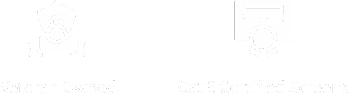 Shield icon representing veteran-owned outdoor living company &Certification icon representing Cat 5 hurricane rated motorized screens