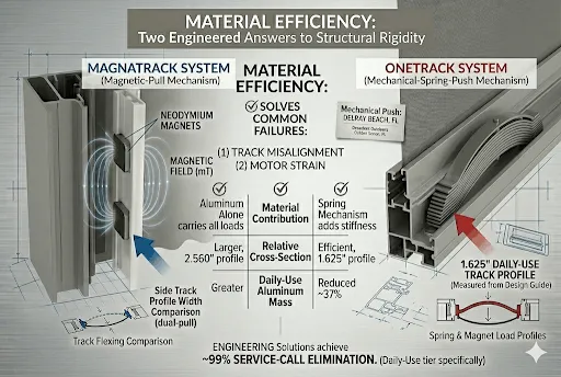 Technical comparison of motorized screen material efficiency and side-track engineering. The graphic illustrates the difference in aluminum cross-section between a Magnetic-Pull system (2.560" profile) and a Mechanical-Spring-Push system (1.625" profile). On the left, the magnetic track relies on aluminum mass alone to carry structural loads. On the right, the OneTrack system uses a precision leaf-spring mechanism that adds mechanical stiffness, enabling a ~37% reduction in daily-use aluminum mass. The image includes detailed engineering diagrams of track flexing, load profiles, and CAD-measured specifications, highlighting how both solutions achieve 99% service-call elimination through free-floating articulating track architecture.