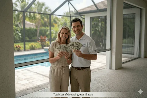 A 600 px by 400 px blog photo showing a happy couple on a luxury Florida lanai, each holding a fan of US dollar bills. The image is clean and simple, focusing on the human element of a smart financial decision, with a fully installed motorized screen integrated into the background architecture. A clear caption at the bottom reads: "Total Cost of Ownership, over 15 years
