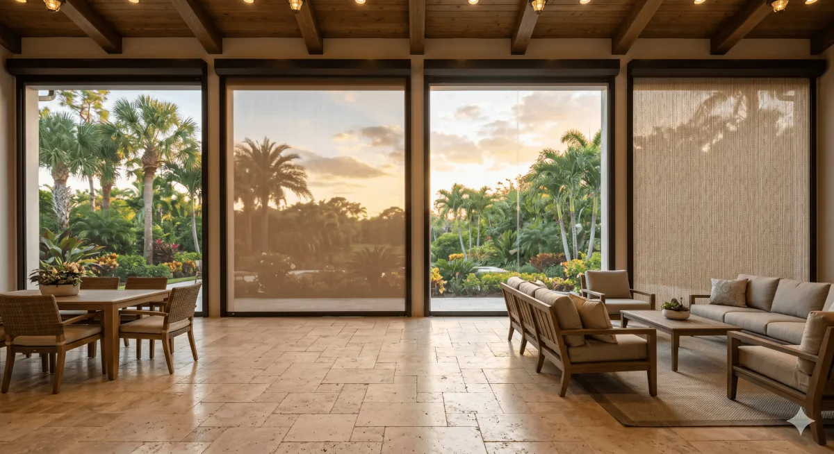 Four adjacent Florida lanai openings showing different motorized screen fabrics deployed at sunset