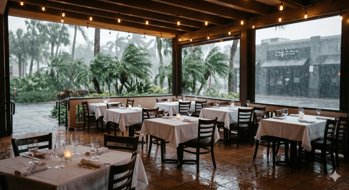 An empty Florida restaurant patio during an afternoon rainstorm with tables set but no diners